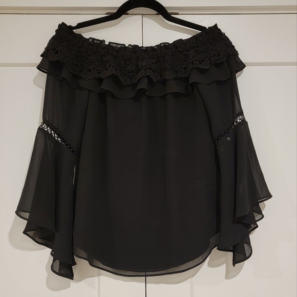 White House Black Market Off The Shoulder Crochet Trim Bell Sleeve Black Blouse - Picture 4 of 9